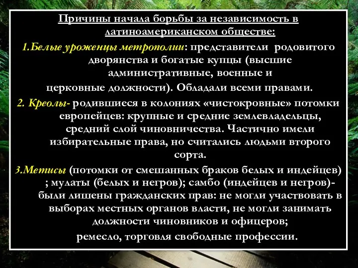 Причины начала борьбы за независимость в латиноамериканском обществе: 1.Белые уроженцы метрополии: