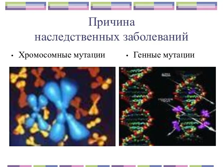 Причина наследственных заболеваний Хромосомные мутации Генные мутации