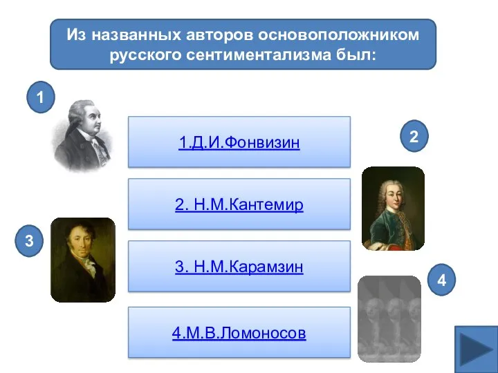 Из названных авторов основоположником русского сентиментализма был: 1.Д.И.Фонвизин 2. Н.М.Кантемир 3.