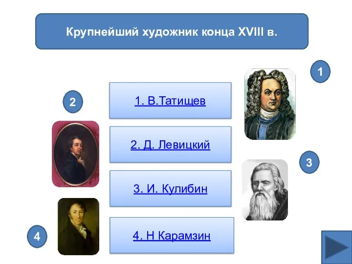 Крупнейший художник конца XVIII в. 1. В.Татищев 2. Д. Левицкий 3.