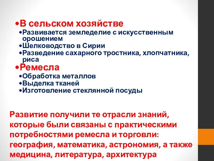 Развитие получили те отрасли знаний, которые были связаны с практическими потребностями