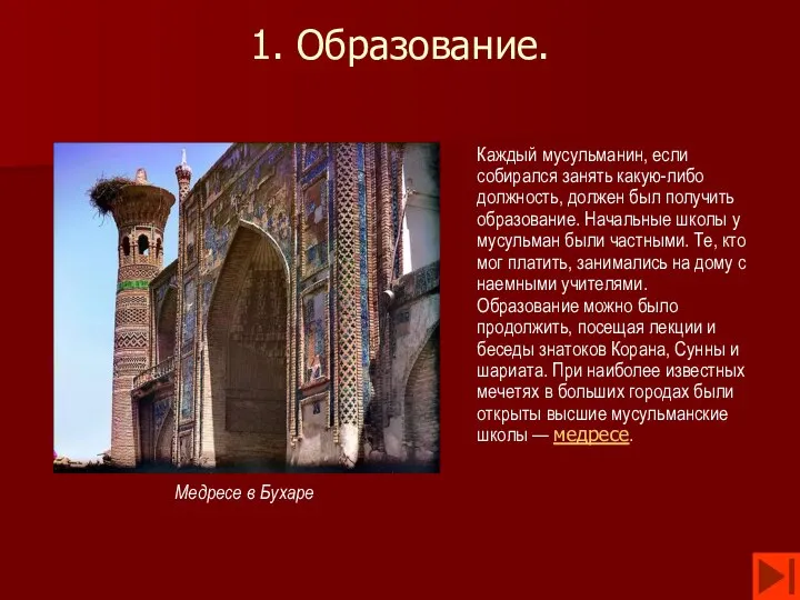 1. Образование. Каждый мусульманин, если собирался занять какую-либо должность, должен был