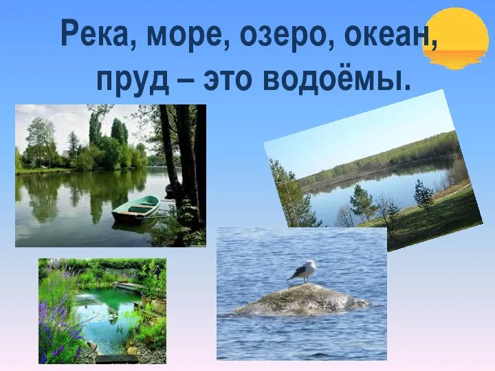 Река, море, озеро, океан, пруд – это водоёмы.