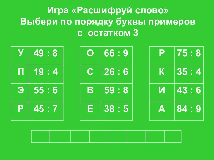 Игра «Расшифруй слово» Выбери по порядку буквы примеров с остатком 3