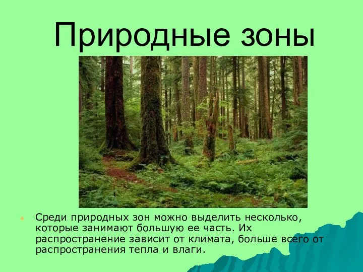 Природные зоны Среди природных зон можно выделить несколько, которые занимают большую