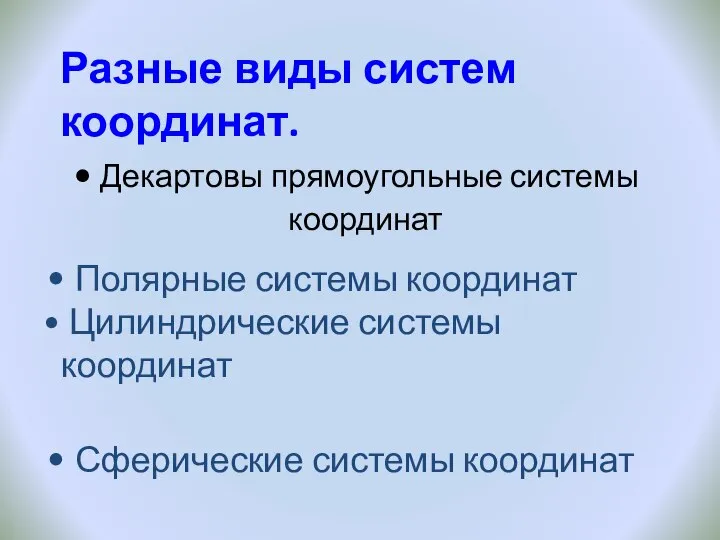 Декартовы прямоугольные системы координат Полярные системы координат Цилиндрические системы координат Сферические