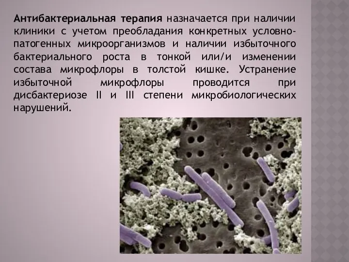 Антибактериальная терапия назначается при наличии клиники с учетом преобладания конкретных условно-патогенных