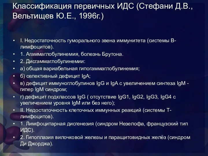 Классификация первичных ИДС (Стефани Д.В., Вельтищев Ю.Е., 1996г.) I. Недостаточность гуморального