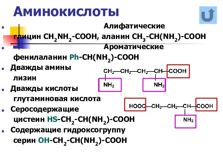 Аминокислоты Алифатические глицин CH2NH2-COOH, аланин CH3-CH(NH2)-COOH Ароматические фенилаланин Ph-CH(NH2)-COOH Дважды амины