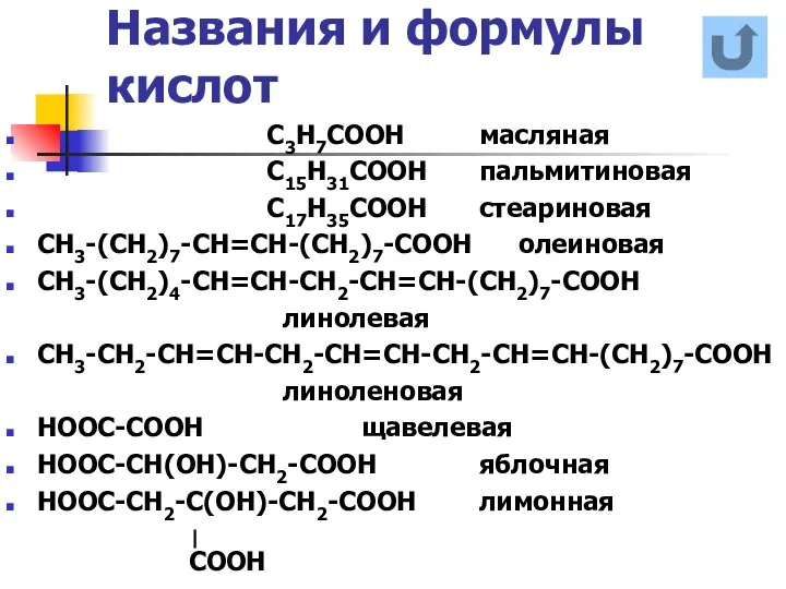 Названия и формулы кислот С3Н7СООН масляная С15Н31СООН пальмитиновая С17Н35СООН стеариновая СН3-(СН2)7-СН=СН-(СН2)7-СООН