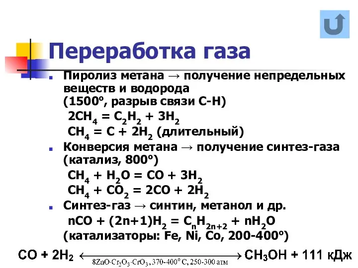 Переработка газа Пиролиз метана → получение непредельных веществ и водорода (1500о,