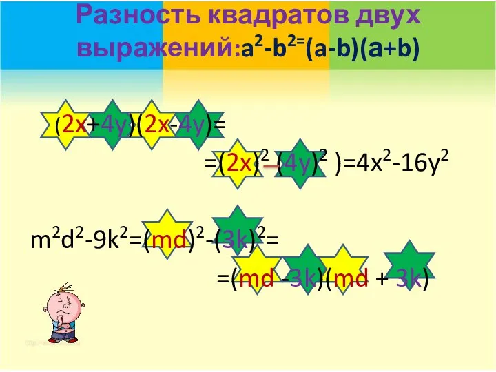 Разность квадратов двух выражений:a2-b2=(a-b)(а+b) (2x+4y)(2x-4y)= =(2x)2 (4y)2 )=4x2-16y2 m2d2-9k2=(md)2-(3k)2= =(md -3k)(md + 3k)