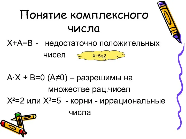 Понятие комплексного числа Х+А=В - недостаточно положительных чисел А·Х + В=0