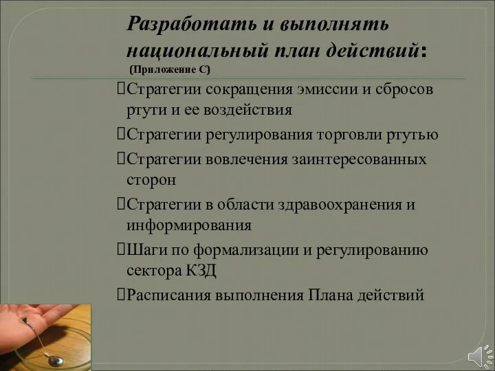 Разработать и выполнять национальный план действий: (Приложение С) Стратегии сокращения эмиссии