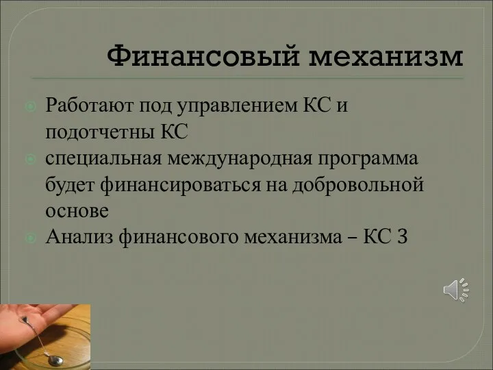 Финансовый механизм Работают под управлением КС и подотчетны КС специальная международная