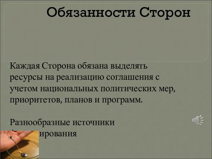 Обязанности Сторон Каждая Сторона обязана выделять ресурсы на реализацию соглашения с