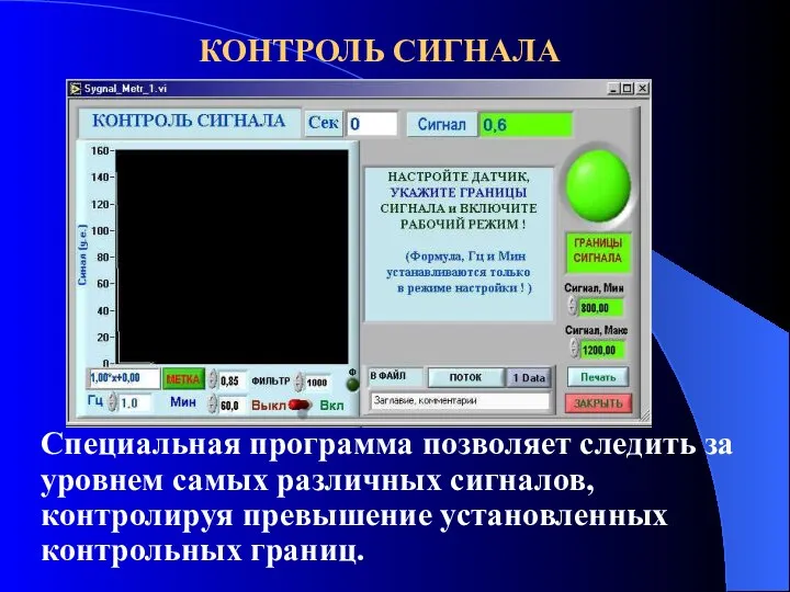КОНТРОЛЬ СИГНАЛА Специальная программа позволяет следить за уровнем самых различных сигналов, контролируя превышение установленных контрольных границ.