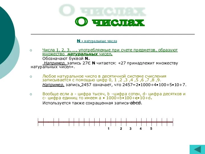 N - натуральные числа Числа 1, 2, 3, …, употребляемые при