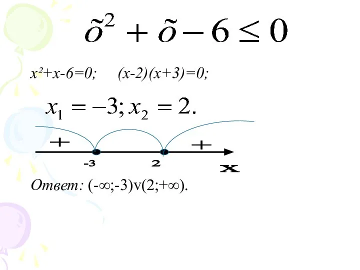 x²+x-6=0; (х-2)(х+3)=0; Ответ: (-∞;-3)v(2;+∞). х + 2 -3 +