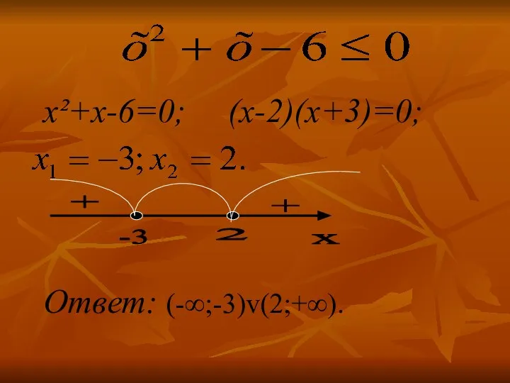 x²+x-6=0; (х-2)(х+3)=0; Ответ: (-∞;-3)v(2;+∞). х + 2 -3 +
