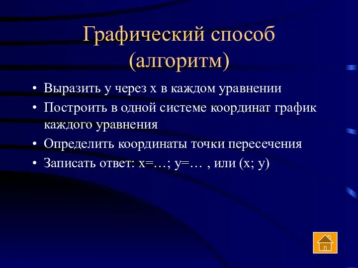 Графический способ (алгоритм) Выразить у через х в каждом уравнении Построить