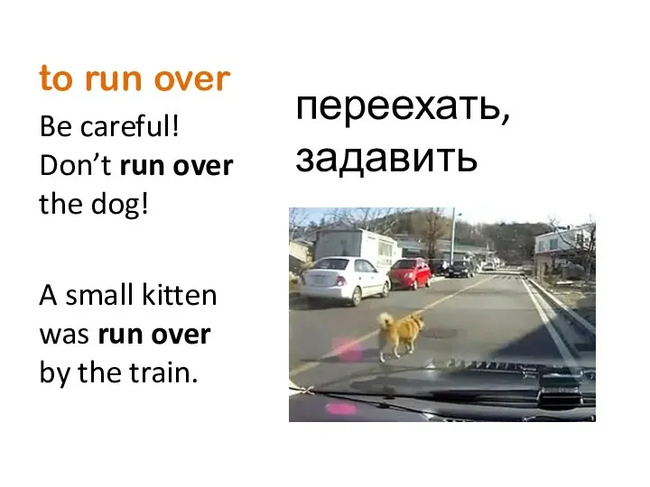 to run over Be careful! Don’t run over the dog! A