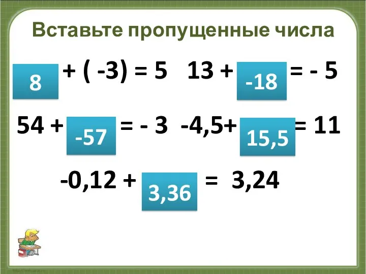 Вставьте пропущенные числа + ( -3) = 5 13 + =