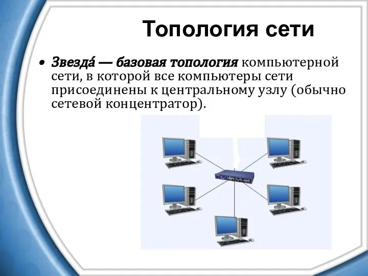 Звезда́ — базовая топология компьютерной сети, в которой все компьютеры сети