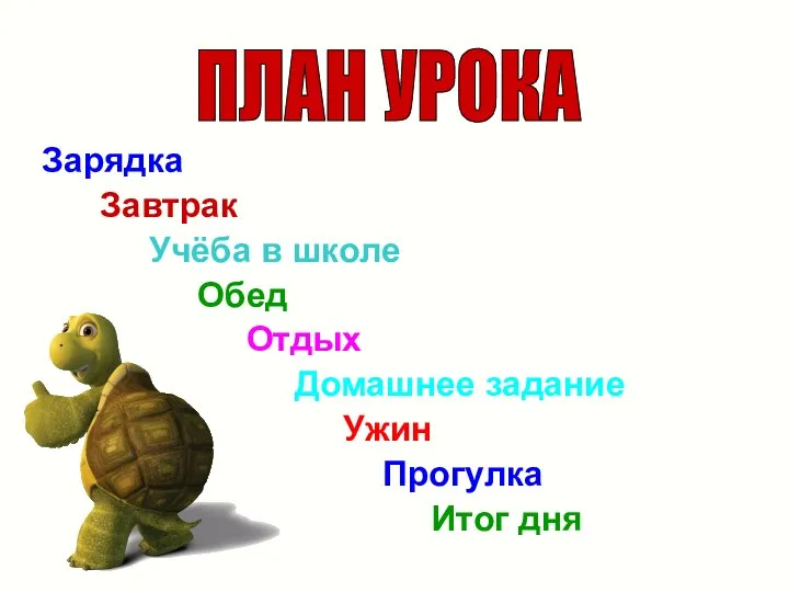 Зарядка Завтрак Учёба в школе Обед Отдых Домашнее задание Ужин Прогулка Итог дня ПЛАН УРОКА