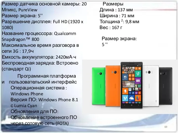 Размер датчика основной камеры: 20 Мпикс, PureView Размер экрана: 5'' Разрешение