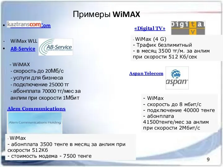 Примеры WiMAX АО KazTransCom WiMax WLL AB-Service - WiMAX - скорость