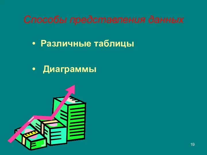 Способы представления данных Различные таблицы Диаграммы