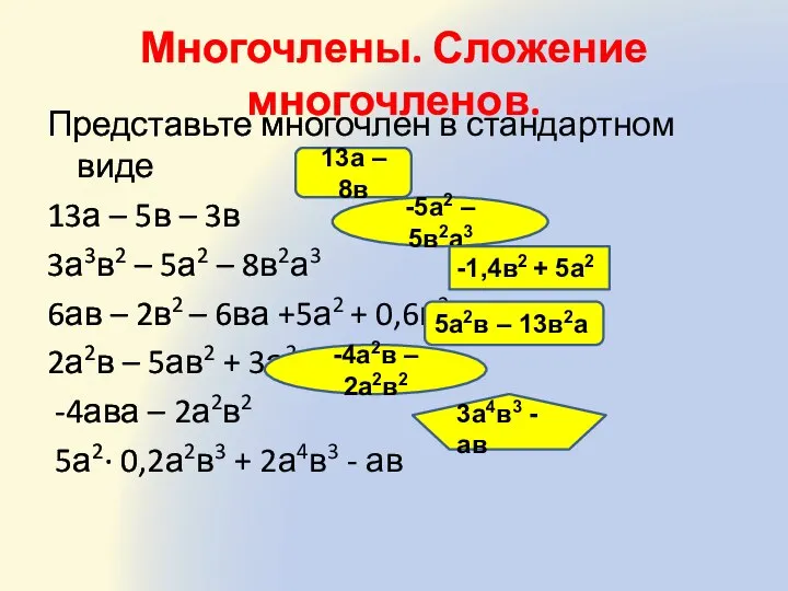 Многочлены. Сложение многочленов. Представьте многочлен в стандартном виде 13а – 5в