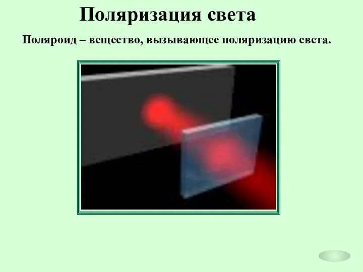 Поляризация света Поляроид – вещество, вызывающее поляризацию света.