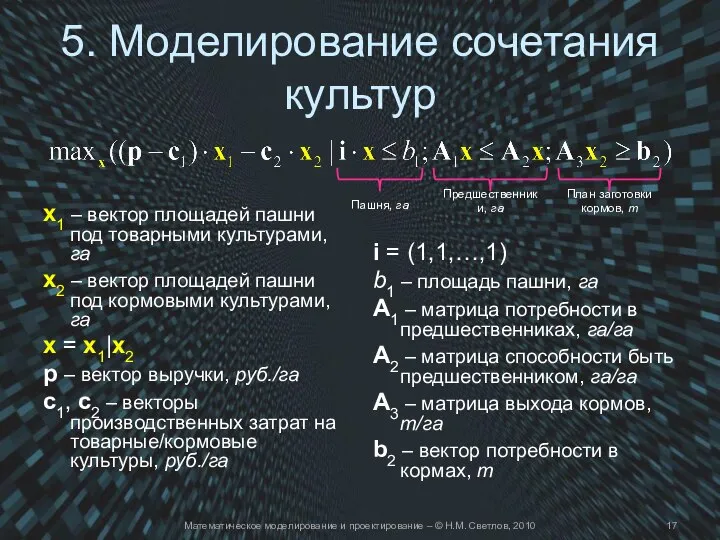 5. Моделирование сочетания культур x1 – вектор площадей пашни под товарными