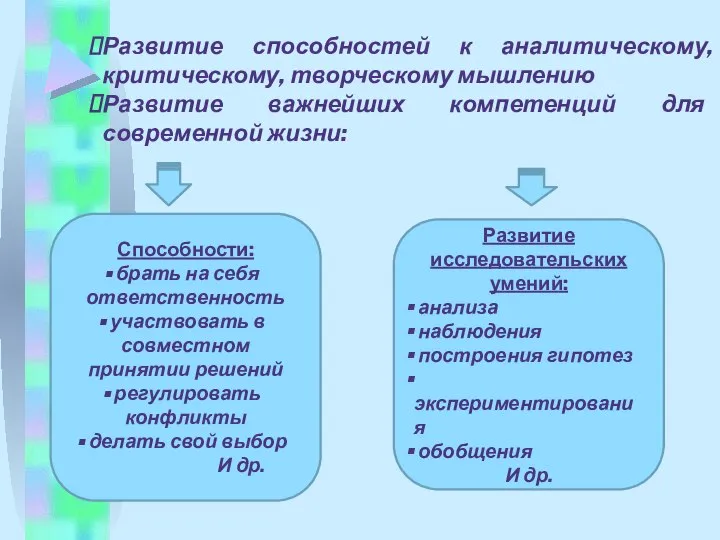 Развитие способностей к аналитическому, критическому, творческому мышлению Развитие важнейших компетенций для