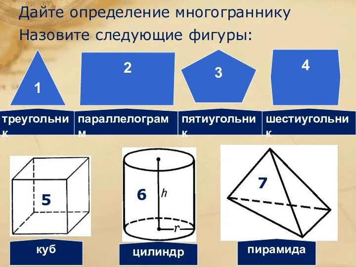 Дайте определение многограннику Назовите следующие фигуры: 1 2 3 4 треугольник