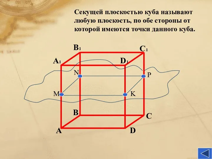 Секущей плоскостью куба называют любую плоскость, по обе стороны от которой