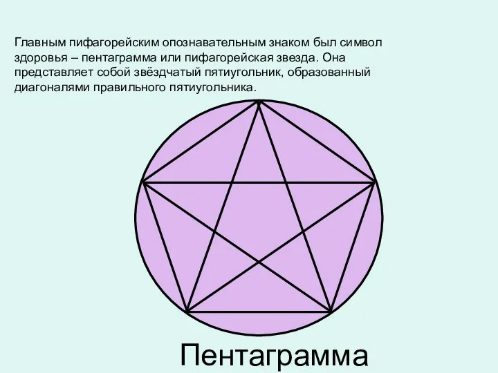 Пентаграмма Главным пифагорейским опознавательным знаком был символ здоровья – пентаграмма или