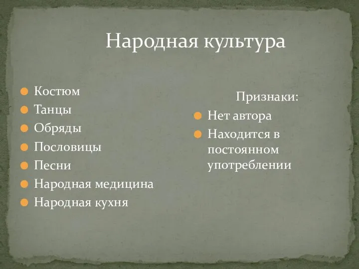 Народная культура Костюм Танцы Обряды Пословицы Песни Народная медицина Народная кухня