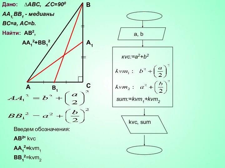 Дано: ∆АВС, ∠С=900 АА1,ВВ1 - медианы BC=a, AC=b. Найти: AB2, AA12+BB12