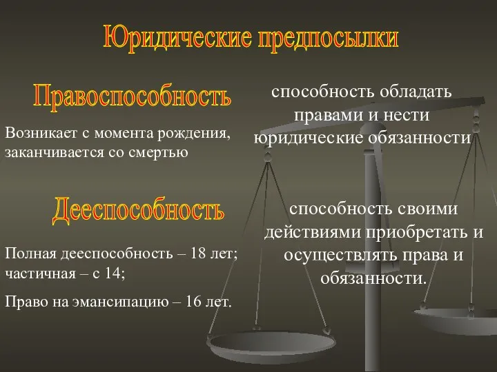 Правоспособность способность обладать правами и нести юридические обязанности Возникает с момента