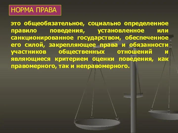 НОРМА ПРАВА это общеобязательное, социально определенное правило поведения, установленное или санкционированное