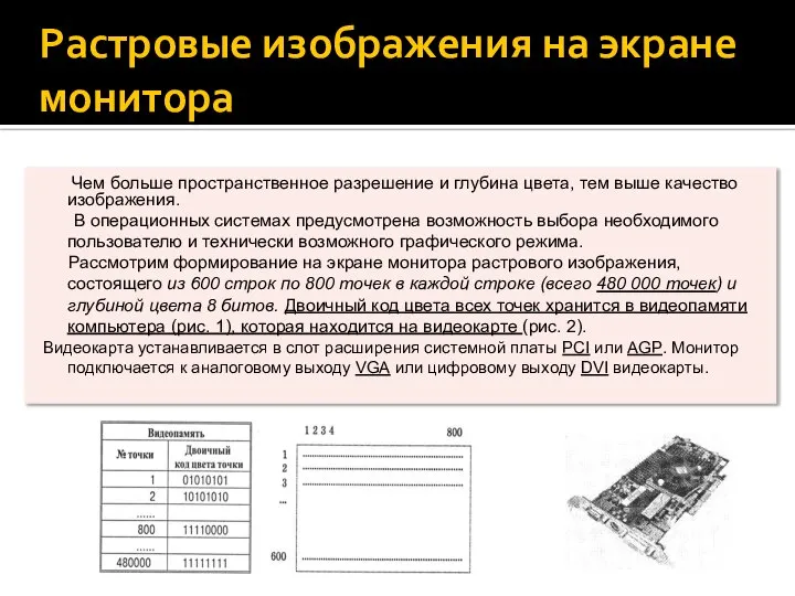 Растровые изображения на экране монитора Чем больше пространственное разрешение и глубина