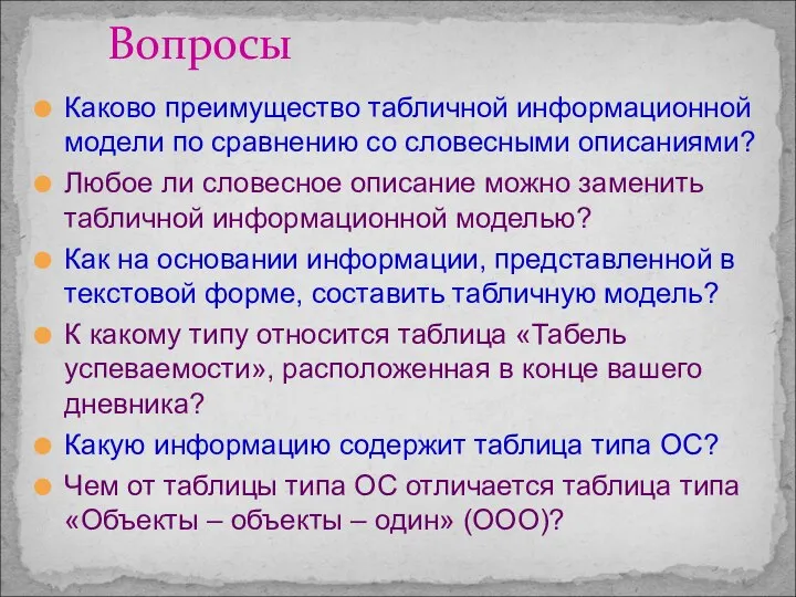 Каково преимущество табличной информационной модели по сравнению со словесными описаниями? Любое