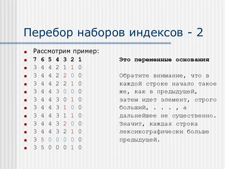 Перебор наборов индексов - 2 Рассмотрим пример: 7 6 5 4