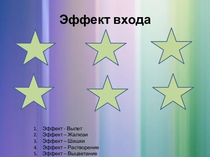 Эффект входа Эффект - Вылет Эффект – Жалюзи Эффект – Шашки