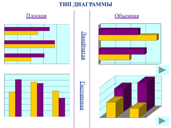 ТИП ДИАГРАММЫ Плоская Линейчатая Объемная Гисторамма