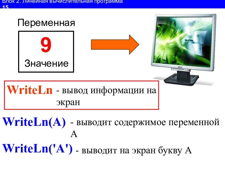 Блок 2. Линейная вычислительная программа 15 Переменная 9 Значение WriteLn -