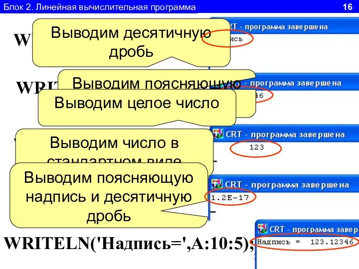 Блок 2. Линейная вычислительная программа 16 WRITELN('Надпись'); WRITELN(A:10:5); WRITELN('Надпись=',A:10:5); WRITELN(A:10); WRITELN(A);